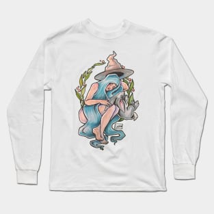 hand watercolour drawing "The witch with blue hair and her totem" Long Sleeve T-Shirt